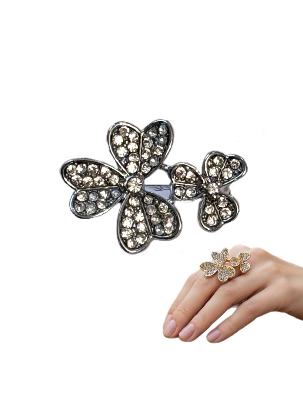 Crystal Clover Double Flower Ring - Silver Tone